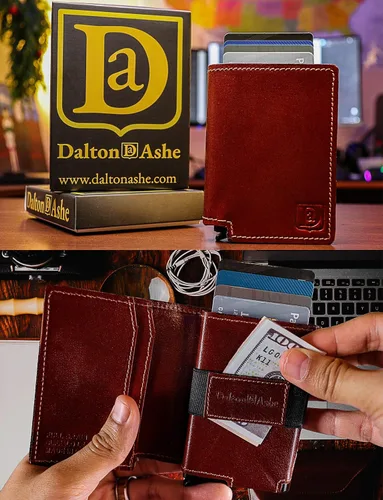 Vista 4 de Cartera de cuero para hombre con bloqueo RFID, tarjetero de crédito emergente, color marrón británico, bronceado (British Tan), Lujo moderno