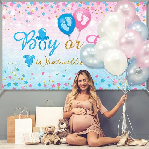 Vista 5 de Fondo de revelación de género para niño o niña, fondo azul y rosa para fiesta de revelación de género, cartel con texto en inglés «What Will Baby