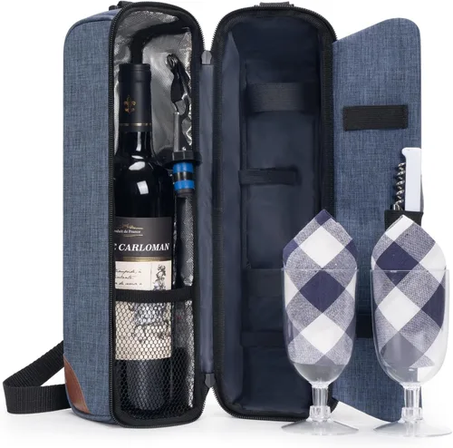 Vista 10 de ALLCAMP - Bolsa de vino con compartimento refrigerador, juego de picnic que lleva dos juegos de vajilla Juego completo con 2 vasos, sacacorchos