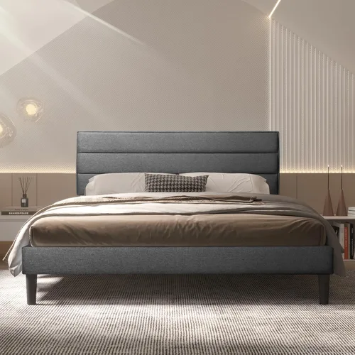 Vista 2 de BONSOIR Marco de cama tapizado de perfil bajo moderno de color gris de tamaño matrimonial con cabecero copetudo
