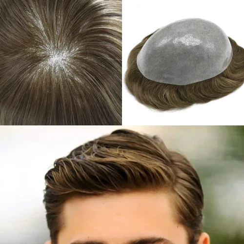 Vista 50 de PU Toupee para hombres pieza de pelo real sistema de reemplazo de cabello humano para hombres Toupee pieza de pelo para hombres piel polivinílica