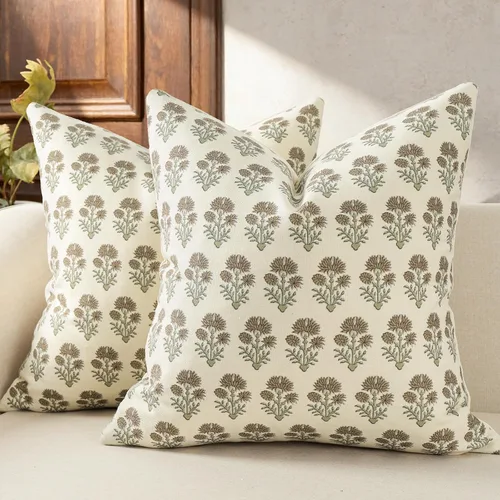 Vista 24 de Juego de 2 fundas de almohada florales de 20 x 20 pulgadas, fundas de almohada con diseño botánico campestre para sofá, cama, sala de estar, fundas