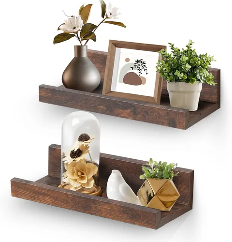 Vista 20 de Muzilife Estantes Flotantes de Pared Pequeños de 12" con Borde - Juego de 2 Estantes Flotantes de Madera - Repisa Negra Montada en Pared
