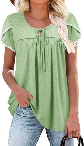 Vista 39 de BETTE BOUTIK Blusas de verano para mujer, plisadas, de manga corta, con cordón, cuello redondo, tallas S-3XL