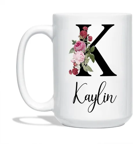Vista 11 de Tazas de café blancas personalizadas con nombre, taza con nombre personalizado con inicial, taza de cerámica floral personalizada, regalo
