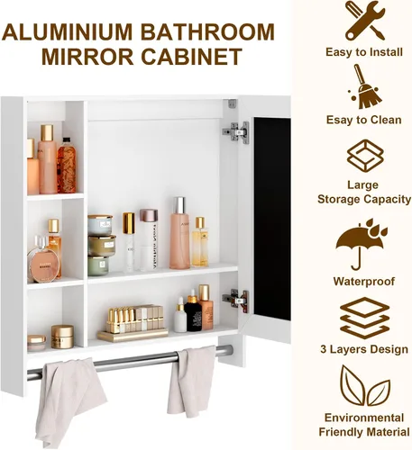 Vista 5 de SDHYL Botiquines para baño, 27.5 pulgadas cuadrado montado en la pared con 1 puerta de baño botiquín con espejo, estante de almacenamiento de espejo