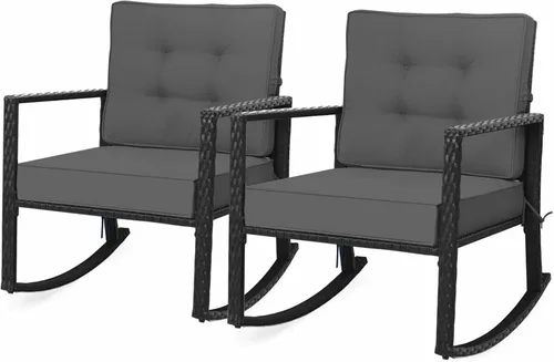 Vista 11 de DORTALA Silla mecedora de ratán, 2 piezas, silla de mimbre para exteriores con marco de acero resistente, asiento de muebles de mimbre para patio