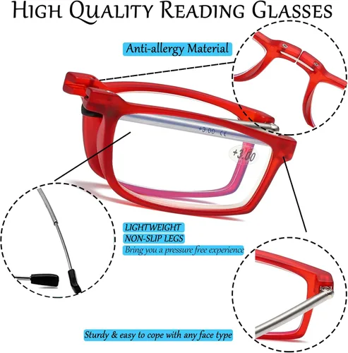 Vista 2 de Viseng Gafas de lectura plegables con luz anti-azul para hombres y mujeres con varilla telescópica portátil moda ultra ligera funda de cuero +3.5