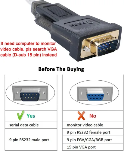 Vista 6 de DTech Cable serie a adaptador USB DB9 macho RS232 Puerto compatible con Windows 11 10 8 7 Mac (6 pies, PL2303)
