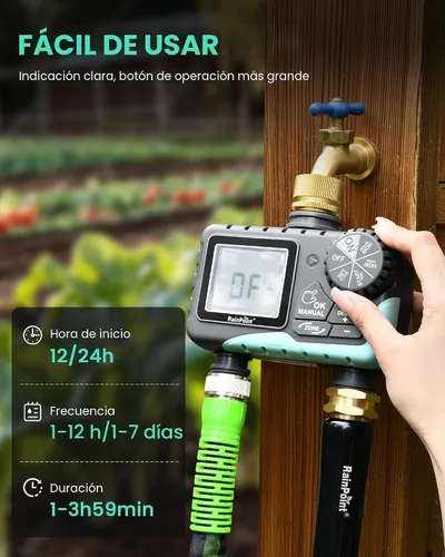 Vista 6 de RAINPOINT Temporizador de aspersor de 2 salidas, temporizador de agua para manguera de jardín, para riego de patio al aire libre, controlador