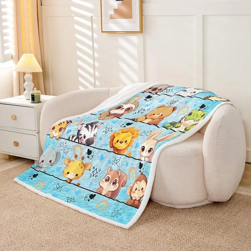 Vista 3 de Manta de franela de animales de dibujos animados para todas las estaciones, manta de cama azul con estampado de amor Kawaii para decoración