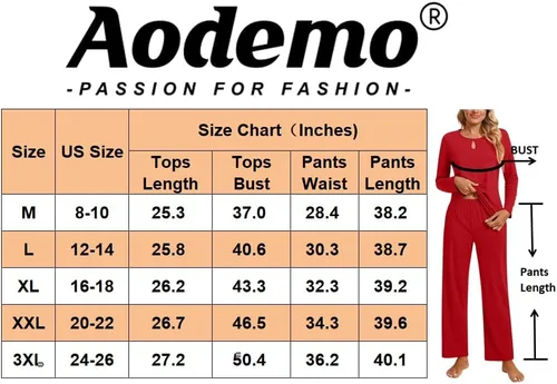 Vista 4 de Aodemo Conjunto de pijama de otoño de 2 piezas para mujer, manga larga, con abertura de cerradura, ropa de dormir para mujer, pijamas de invierno