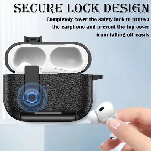 Vista 4 de Funda de cuero con clip de bloqueo para AirPods Pro 2ª/1ª con mosquetón, soporte de carga inalámbrica con soporte, cubierta de protección resistente
