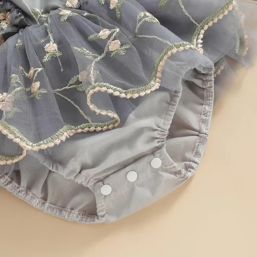 Vista 8 de Comoraecos Vestido mameluco de encaje floral para bebé, vestido de princesa con bordado de tutú y mangas para atar, sin espalda, vestido de princesa
