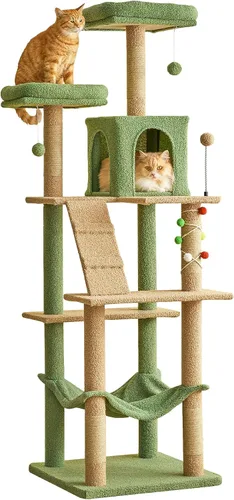Vista 23 de MWPO - Árbol para gatos, multiestructura para gatos grandes con postes rascadores de sisal, plataforma acolchada, hamaca y condominio, torre Beige