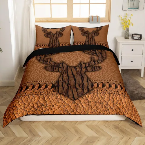 Vista 17 de Funda de edredón de cabaña marrón retro, juego de ropa de cama de retazos con diseño de oso del bosque, ciervos para cabaña rústica, funda de Multi