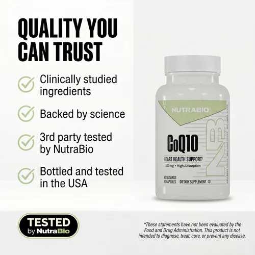 Vista 6 de NutraBio Suplemento dietético CoQ10, función cardíaca saludable y producción de energía celular, 100 mg - 60 cápsulas