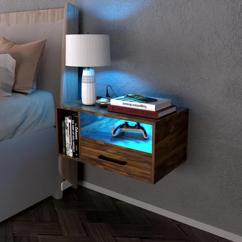 Vista 9 de Mesita de noche flotante con estación de carga y tiras de luz LED, mesita de noche de 21.3 pulgadas con cajones, mesita de noche flotante