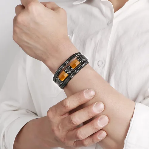Vista 4 de Pulseras de cuero trenzado negro con ojo de tigre para hombre, hijo, nieto, novio, papá, marido, regalos para hombres, Navidad, cumpleaños, día