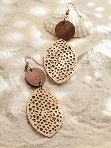 Vista 3 de MINACHI Bohemian Hollow Cut-Out Wood Leather Dangle Drop Earrings, Boho Chic Hippie Statement Jewelry Gift for Women