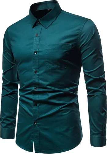 Vista 5 de Camisas de vestir con botones, manga larga, estilo casual, para hombre, con bolsillo en el pecho Azul (Acid Blue)