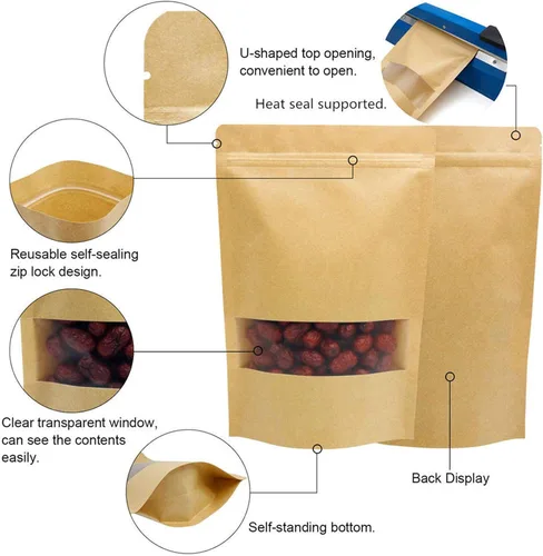 Vista 5 de TYONMUJO 100 bolsas de papel kraft con cierre de cremallera para ventana, bolsas a granel resellables de 3.5 x 5.5 pulgadas