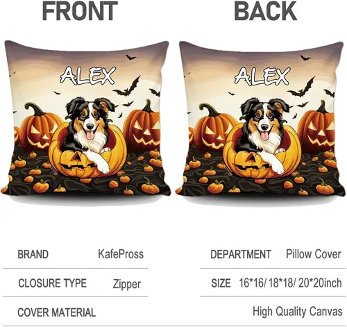 Vista 2 de Funda de almohada personalizada de Halloween, diseño de calabaza, lindo cachorro, funda decorativa de lona para sofá, 16 x 16 pulgadas, estampado