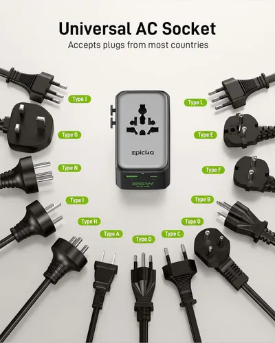 Vista 6 de EPICKA Pulse Air - Adaptador de viaje universal PD de 25 W con 2AC/3USB-C/1USB-A Negro