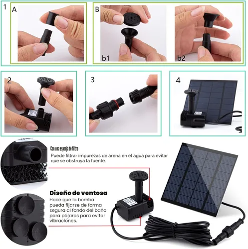 Vista 6 de Kit de bomba de fuente solar con panel solar separado, bomba de agua solar mejorada de 1.8 W con cable de 3 M de largo y 4 boquillas Fuente de agua