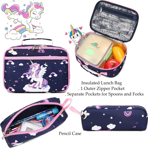 Vista 28 de Juego de mochila para niñas con diseño de unicornio, mochila escolar para niños, mochila para libros para niñas, set 3 en 1, regreso a clases
