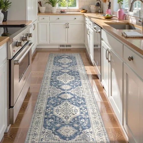 Vista 10 de Lahome Alfombra oriental lavable de área pequeña, 2 x 3 pies, para entrada, cocina, ultra fina, suave, tapete antideslizante para puerta de Azul