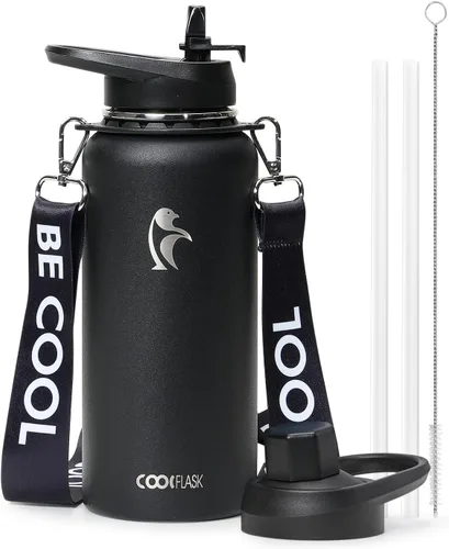 Vista 36 de Botella de agua Coolflask de 40 onzas con correa, botella de agua metálica aislada con popote y tapas con pico, acero inoxidable de doble pared al