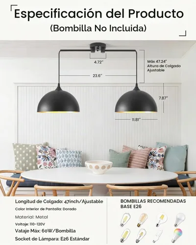 Vista 3 de Luces colgantes negras para isla de cocina, 2 luces, lámpara colgante de cúpula negra, iluminación de isla de cocina, lámpara de comedor, luces