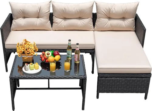 Vista 5 de Devoko - Juego de muebles de patio al aire libre, 3 piezas de sofá seccional de ratán impermeable para todo tipo de clima, sofá en forma de L