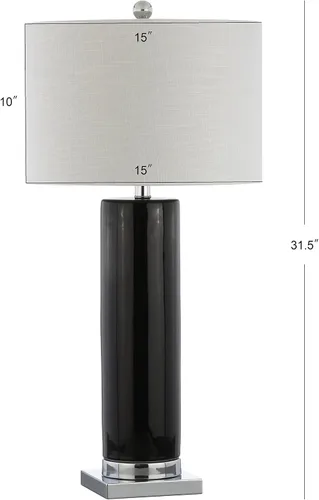 Vista 4 de JONATHAN Y Lámpara de mesa de cerámica negra y cromada de 31.5 pulgadas con base cromada para sala de estar, pantalla de tambor de lino blanco