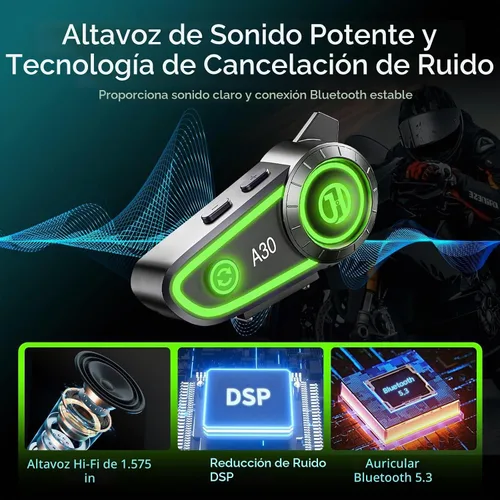 Vista 2 de Auriculares Bluetooth para Motocicleta con Cancelación de Ruido, Casco Bluetooth con Bluetooth 5.3 Integrado y Adecuado para la Mayoría de Cascos