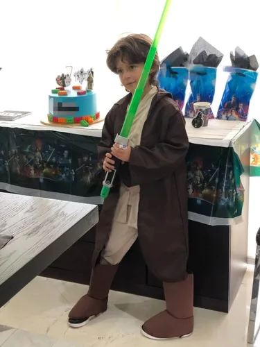 Vista 6 de VOWAGH Disfraz de Jedi para niños bata con capucha y cinturón disfraz de guerrero galáctico para Halloween