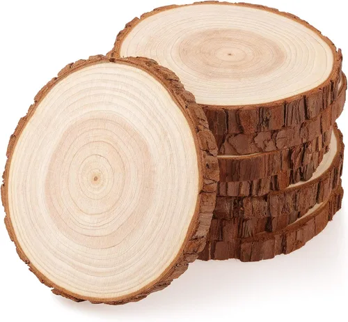 Vista 10 de Fuyit Rebanadas de madera sin terminar para centros de mesa, 10 discos redondos de madera natural de 4.7 a 5.1 pulgadas con corteza