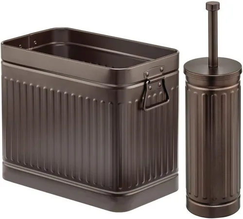 Vista 9 de mDesign Cepillo de inodoro compacto de metal, cubo de basura rectangular, cubo de basura/cubo de reciclaje combinado para limpieza y almacenamiento