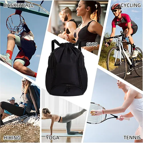 Vista 9 de Mochila deportiva con cordón, bolsa de gimnasio impermeable para mujeres y hombres, paquete de baloncesto con compartimento para zapatos, Negro