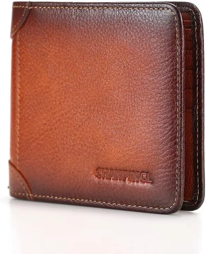 Vista 20 de Billetera de piel triple con bloqueo RFID para hombre con 2 ventanas de identificación, 2 compartimentos para efectivo, 6-8 ranuras para tarjetas