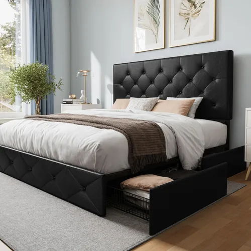 Vista 19 de WEEWAY Base de cama de plataforma de tamaño matrimonial con 4 cajones de almacenamiento, cabecera capitonada con botones de costura de diamante