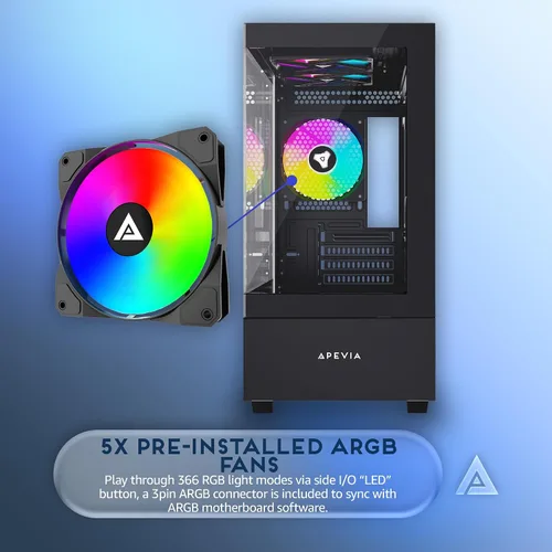 Vista 3 de Apevia Phantom-BK Phantom Micro-ATX Carcasa de PC de Juegos de Cámara Dual con 5X 120mm Ventiladores ARGB, 366 Modos RGB, Paneles de Vidrio Templado