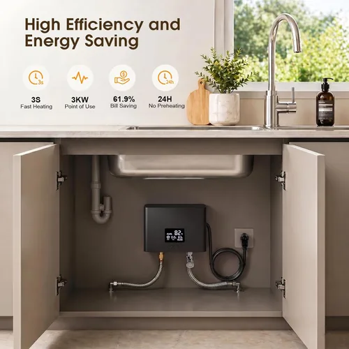 Vista 2 de Calentador de agua eléctrico sin tanque 3000 W 110 V Temperatura constante Calentador de agua caliente instantáneo con control remoto Pantalla Negro