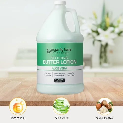 Vista 5 de Ginger Lily Farms Club & Fitness Loción de mantequilla calmante para piel seca, 100% vegana y libre de crueldad, aroma a aloe vera, repuesto de 1