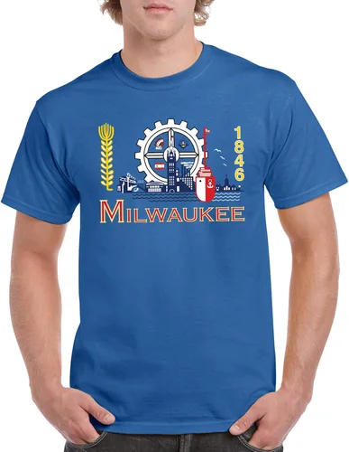 Vista 4 de UGP Campus Apparel Camiseta básica de algodón con banderas de la ciudad de Estados Unidos, orgullo natal, Milwaukee Azul Real
