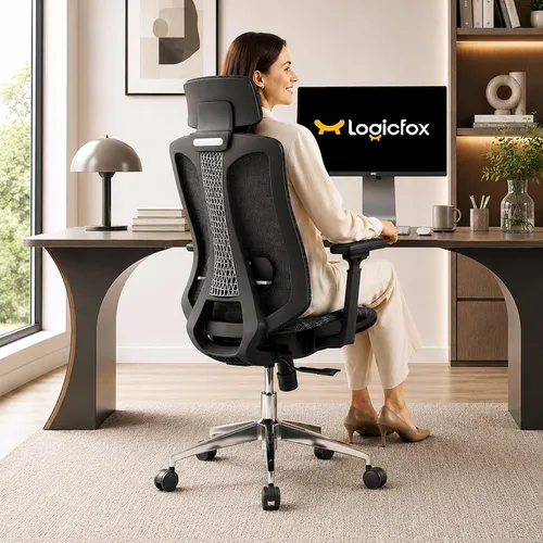 Vista 2 de Logicfox Silla de oficina ergonómica, silla de escritorio de malla con Negro - Asiento de malla