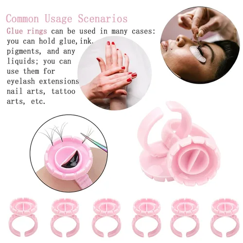 Vista 4 de 300 anillos de pegamento para pestañas, anillos de pegamento inteligentes para extensiones de pestañas, anillos desechables para suministros de Rosa
