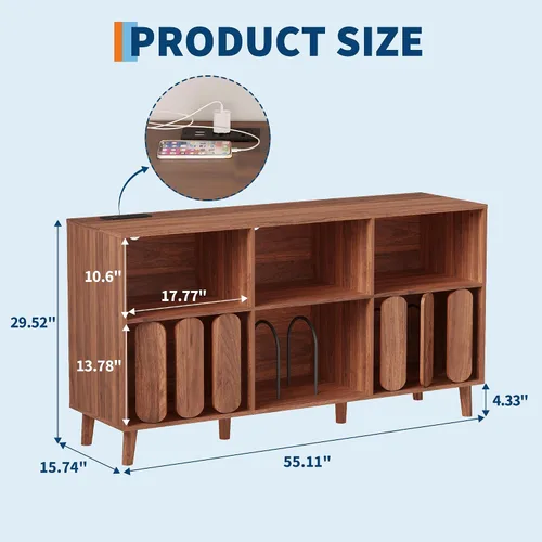 Vista 4 de Soporte grande para tocadiscos, mesa de tocadiscos, soporte de almacenamiento de discos de vinilo, organizador de armarios con toma de corriente