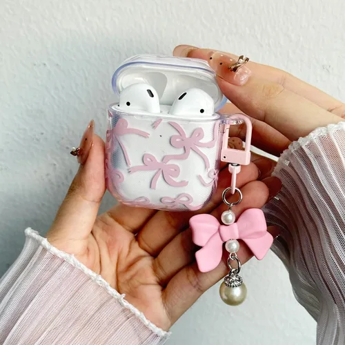 Vista 3 de Linda funda para Airpod de 2ª generación para diseño de lazo femenino, diseño de moda, diseño estético a prueba de golpes, funda para auriculares